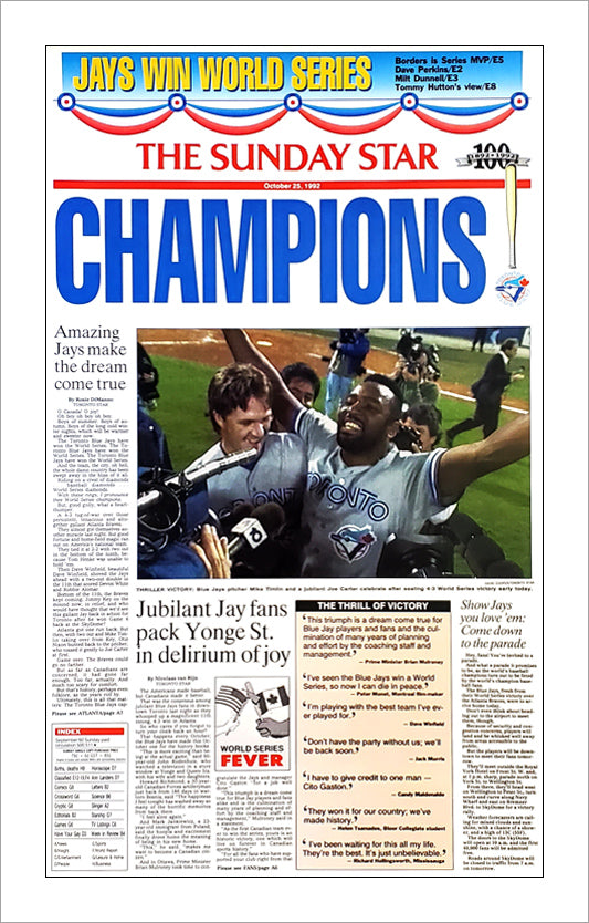 Toronto Blue Jays 1992 World Series Champions Toronto Star Vintage Or Sports Poster Warehouse 7057