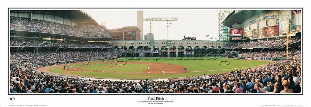 Aerial view of Minute Maid Park with the roof open for an Astros