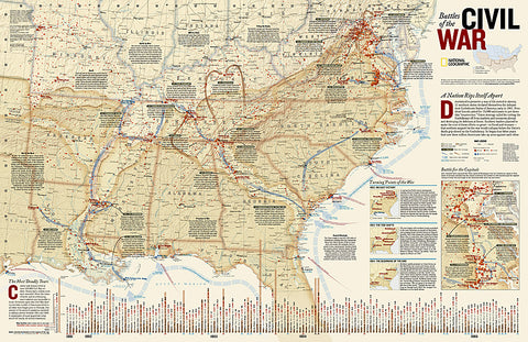 Battles of the American Civil War National Geographic 24x36 Wall Map Poster - NG Maps