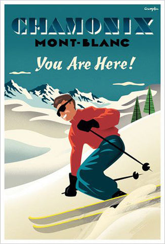 Chamonix Mont-Blanc "You Are Here!" Vintage-Style Skiing Poster by Michael Crampton