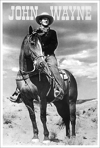 John Wayne on Horseback Classic Black-and-White 24x36 Wall Poster - Wizard & Genius
