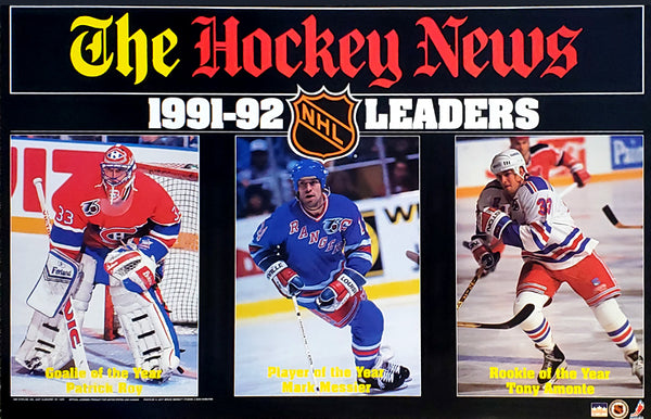 NHL Hockey Leaders 1991-92 Poster (Patrick Roy, Mark Messier, Tony Amonte) - Starline/The Hockey News