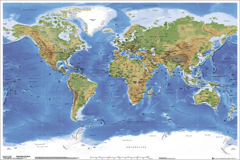 Planetary Visions Physical Map of the World (Miller Cylindrical Projection) Wall POSTER - GB Eye