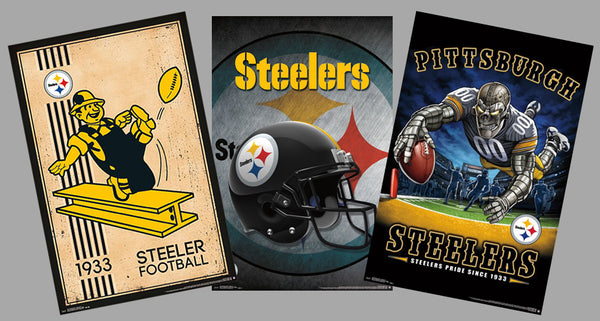 COMBO: Pittsburgh Steelers NFL Football 3-Poster Combo (Retro Logo, Helmet Logo, Theme Art)