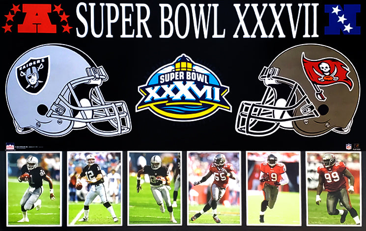 Super Bowl XXXVII Tampa Bay Bucs vs Oakland Raiders 'Dueling Helmets'  Poster - Starline