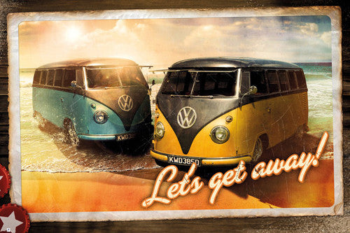 Volkswagen Campers "Let's Get Away" Classic Beach Buses Cool Cars Poster - GB Eye