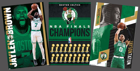 COMBO: Boston Celtics NBA Basketball 3-Poster Set (Jaylen Brown, Jayson Tatum, 18x Champions) - Costacos Sports