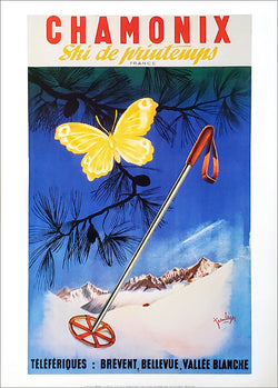 Skiing "Chamonix Spring" (Butterfly & Pole) Vintage 1950s Poster Reproduction - Editions Clouet (France)