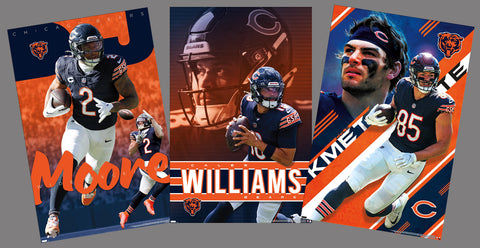 COMBO: Chicago Bears NFL Football Action 3-Poster Set (Caleb Williams, DJ Moore, Cole Kmet Posters)