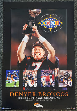 DENVER BRONCOS Super Bowl XXXII 1998 Rare JOHN ELWAY Raising Trophy 23x35 POSTER