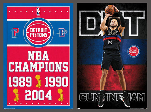 COMBO: Detroit Pistons NBA Basketball 2-Poster Set (Cade Cunningham, 3-Time Champions)