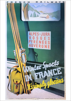 Skiing "Winter Sports in France" French Alps Travel Poster c.1936 by R. Hugon Large Reproduction Print