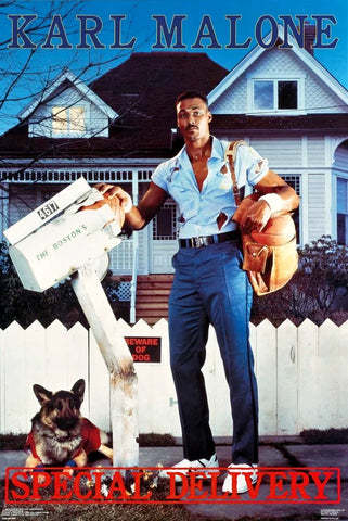 Karl Malone "Special Delivery" Utah Jazz Vintage Original 1988 NBA Theme Poster - Costacos Final Stock Collection