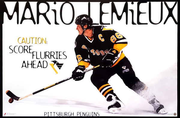 Mario Lemieux "Score Flurries Ahead" Pittsburgh Penguins 1996 NHL Action Poster - Costacos Final Stock Collection