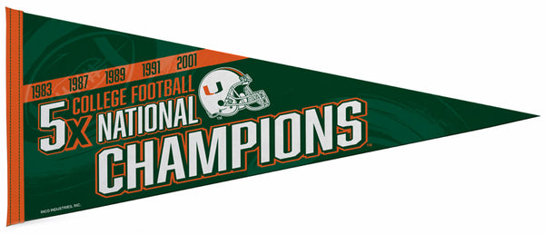 University of Miami Football 5-Time NCAA National Champions Felt Pennant - Rico Inc.