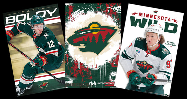 COMBO: Minnesota Wild Hockey 3-Poster Combo Set (Kaprizov, Boldy, Team Logo) Official NHL Posters - Costacos