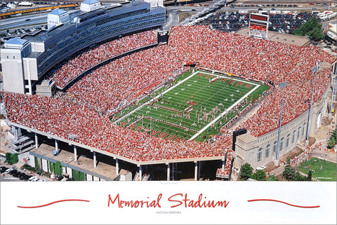 Nebraska Huskers Football Memorial Stadium "Here Come the Huskers" Aerial View Poster Print - Rick Anderson
