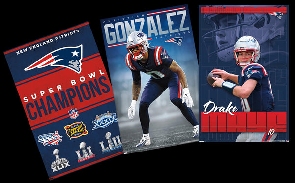 COMBO: New England Patriots Football 3-Poster Combo Set (Drake Maye, Christian Gonzalez, Super Bowls Posters)