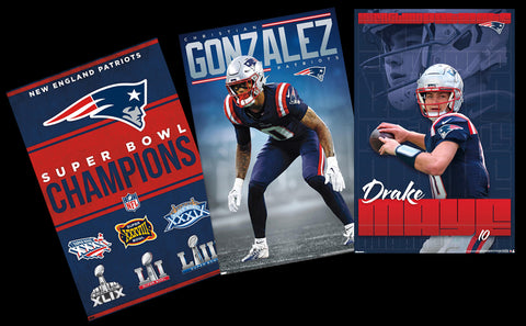 COMBO: New England Patriots Football 3-Poster Combo Set (Drake Maye, Christian Gonzalez, Super Bowls Posters)