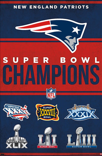 New England Patriots Six-Time NFL Super Bowl Champions Commemorative Wall Poster - Costacos Sports