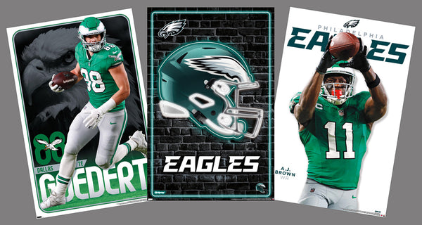 COMBO: Philadelphia Eagles NFL Football 3-Poster Combo Set (Brown, Goedert, Helmet Logo posters)