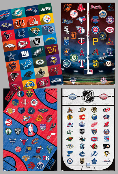 Combo: The Pro Sports Universe (NFL, MLB, NHL, NBA Logos) All Team Logos 4-Poster Set - Costacos Sports
