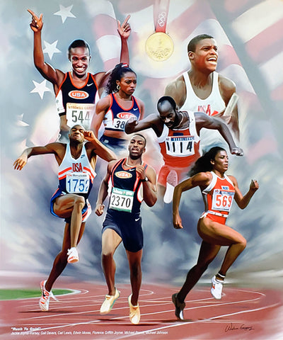 USA Olympic Track Stars "Rush to Gold" Art Print by Wishum Gregory