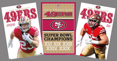 COMBO: San Francisco 49ers Football 3-Poster Combo Set (McCaffrey, Bosa, Super Bowl History)