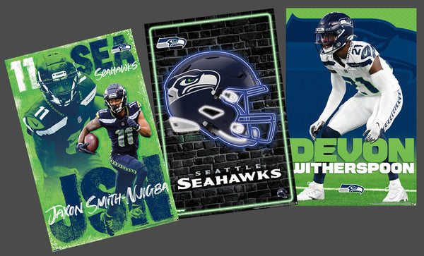 COMBO: Seattle Seahawks NFL Football 3-Poster Combo Set (Jaxon Smith-Njigba, Witherspoon, Neon Logo)