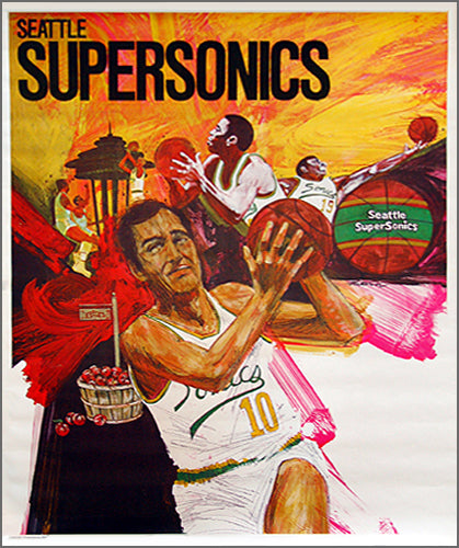 Seattle Supersonics 1970 Vintage Original NBA Basketball Theme Art Poster - ProMotions Inc.