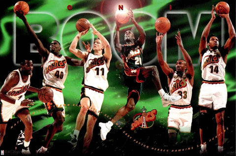Seattle Supersonics "Sonic BOOM" (1996) Poster (Kemp, Payton, Schrempf, Hawkins, McMillan, Perkins) - Costacos Final Stock Collection