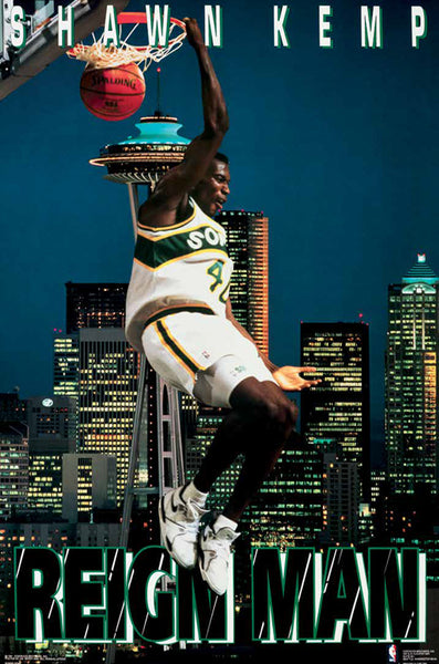 Shawn Kemp "Reign Man" Seattle Supersonics 1991 NBA Basketball Theme Action Poster - Costacos Final Stock Collection