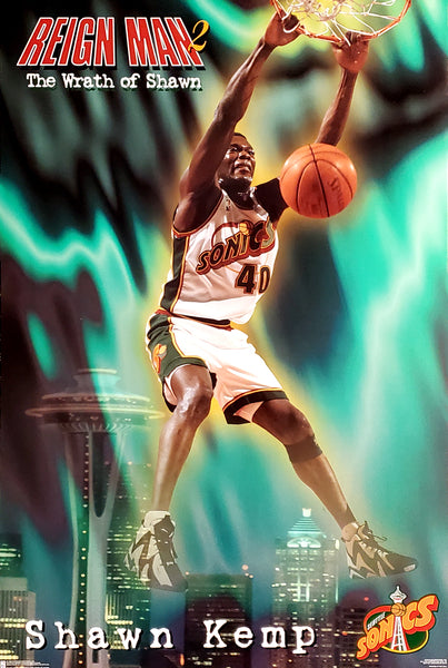Shawn Kemp "Reign Man 2: The Wrath of Shawn" Seattle Supersonics 1995 NBA Basketball Theme Action Poster - Costacos Final Stock Collection