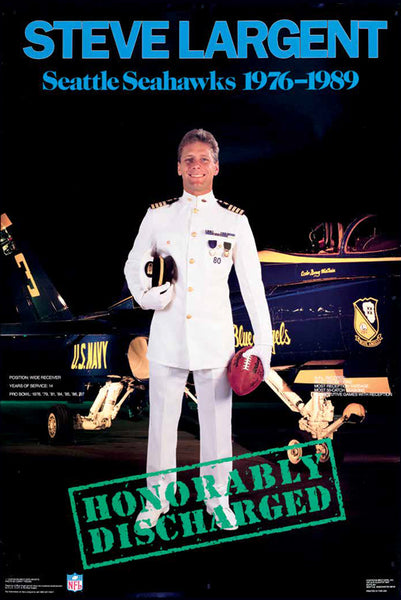 Steve Largent "Honorably Discharged" Seattle Seahawks Vintage Original 1989 NFL Theme Poster - Costacos Final Stock Collection