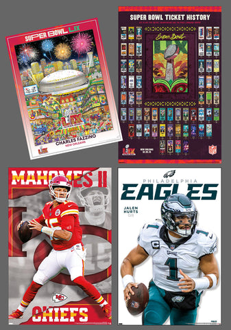 COMBO: Super Bowl LIX (2025) 4-Poster PARTY PACK (Theme Art, Super Tickets, Eagles & Chiefs QB's)