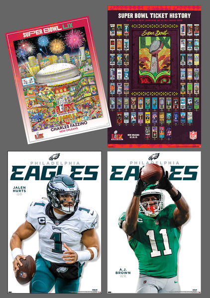 COMBO: Super Bowl LIX (2025) 4-Poster PHILADELPHIA EAGLES PARTY PACK (Theme Art, Super Tickets, Hurts & Brown)