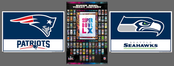 COMBO: Super Bowl LX (2026) New England Patriots vs Seattle Seahawks 3-Poster Party Pack