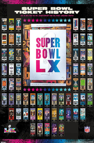*SHIPS APPROX. 1/22* Super Bowl LX (San Francisco Bay Area 2026) Official NFL SUPER TICKETS Game History Poster - Costacos Sports