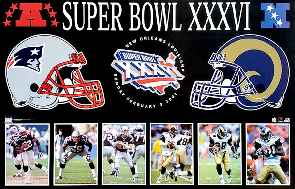 Super Bowl XXXVI "Dueling Helmets" New England Patriots vs. St. Louis Rams Poster - Starline 2002