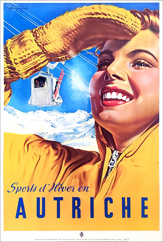 Winter Sports in Austria ("Sports d'Hiver en Autriche") c.1950 Vintage Skiing Poster Reproduction - Mtn. Chalet