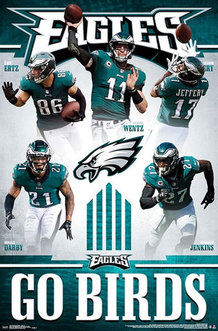 Philadelphia Eagles "Go Birds" 5-Player NFL Action Poster (Wentz, Ertz, Jeffery, Darby, Jenkins) - Trends International