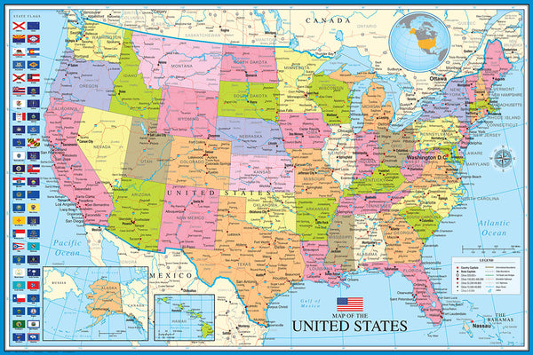 Map of The United States of America USA 24x36 Wall Poster - Eurographics Inc.