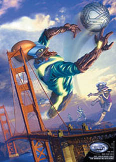 Soccer Fantasy "Stadium Earth 2050" Goalkeeper Save over Golden Gate Bridge Poster - Pyramid 2002