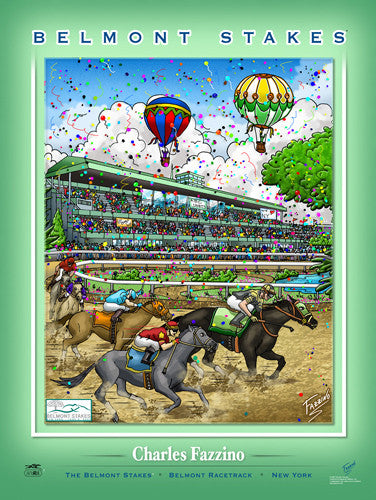 The Belmont Stakes "Clubhouse Turn" Horse Racing Action Commemorative Poster - Charles Fazzino