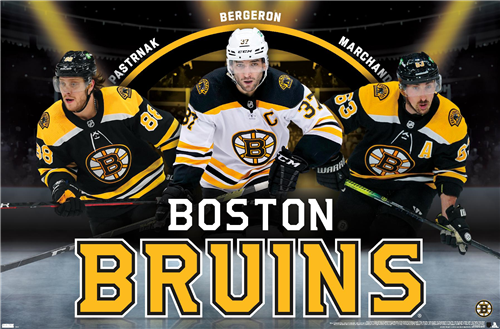 Boston Bruins "Three Legends" (Pastrnak, Bergeron, Marchand) NHL Action Poster - Costacos 2021