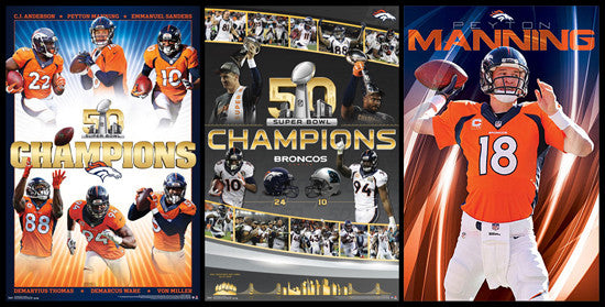 COMBO: Denver Broncos Super Bowl 50 Champs NFL Football 3-Poster Combo Special