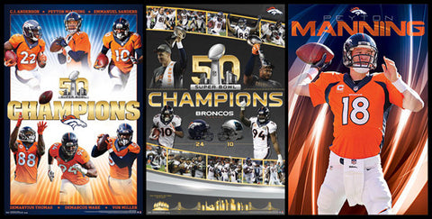 COMBO: Denver Broncos Super Bowl 50 Champs NFL Football 3-Poster Combo Special