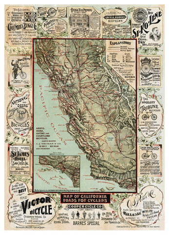 Map of California 1896 "Roads for Cyclers" HUGE Vintage Poster Reprint - McGaw Graphics