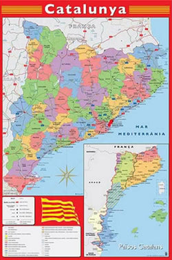 Map of Catalonia (Catalunya) Wall Chart Poster (Regions, Capitals, Cities, Roads, Rivers, etc.) - Grupo Erik