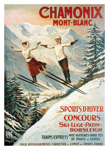 Vintage Skiing "Chamonix Double Jump" (c.1900) Vintage Poster Reprint- Editions Clouets